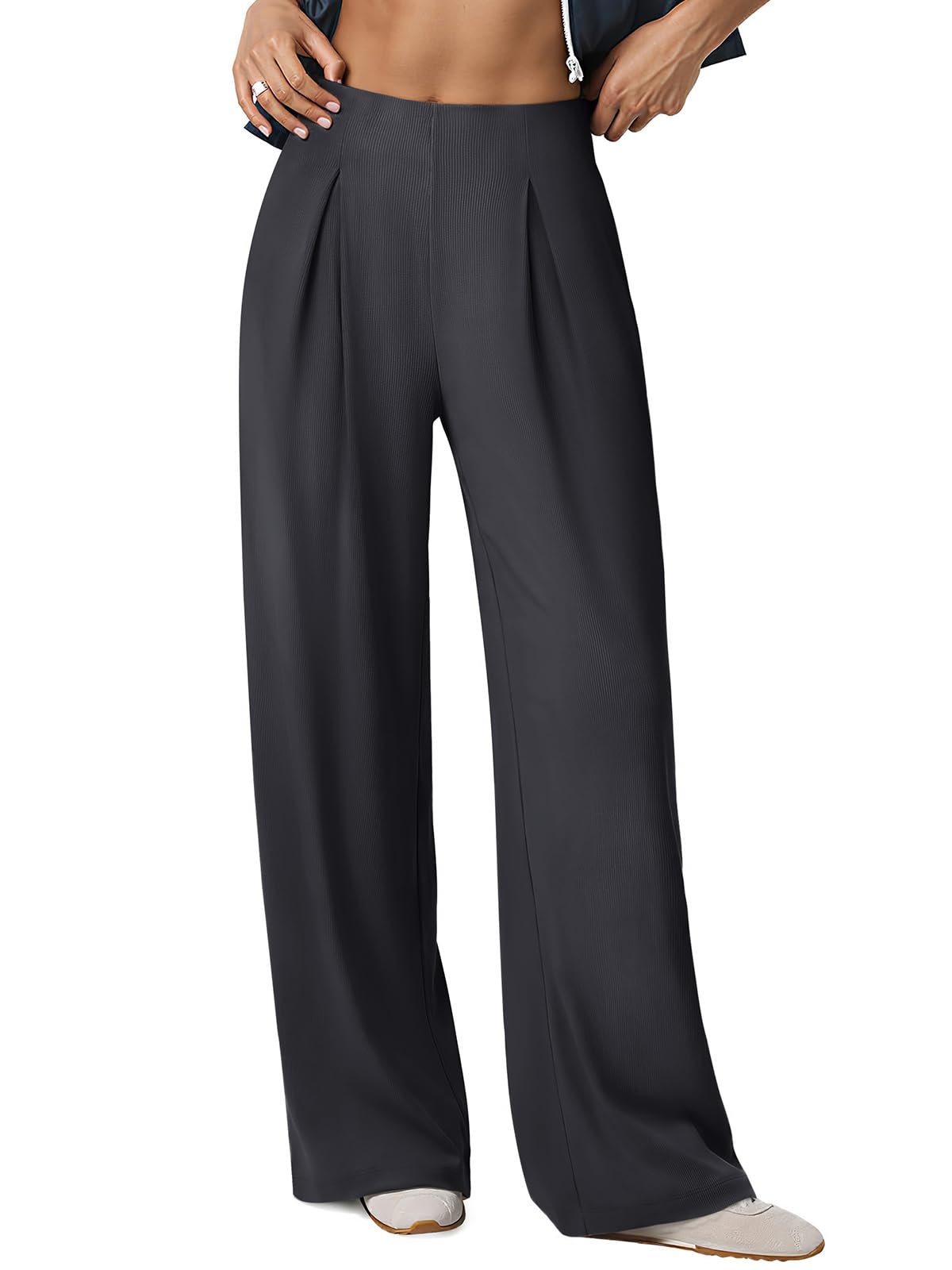Partly cloudy, fully styled in Jacket — Laslulu Women Wide Leg Flowy Yoga Pants Pleated Rib Knit Lounge Pants