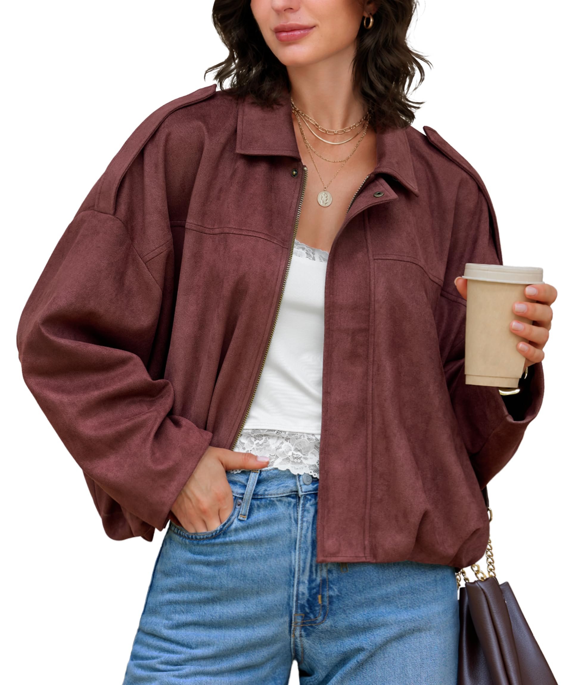 Wind advisory: Jacket may steal the scene — AceNest Womens Faux Suede Bomber Jacket Oversized Fall Jacket Zip Up Coat