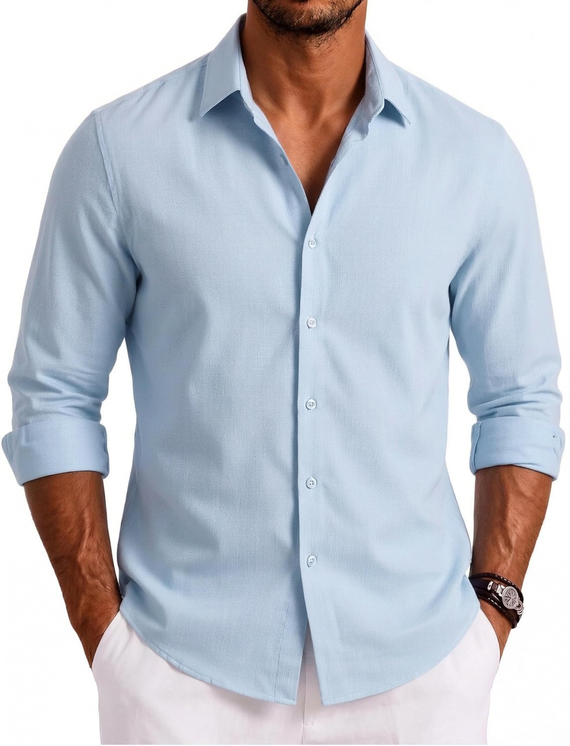 Building today's look from Dress outward — Damipow Mens Button Down Linen Shirts Long Sleeve Casual Dress Shirt