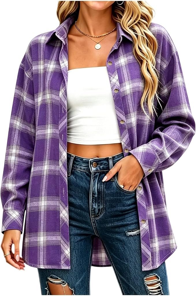 Building today's look from Jacket outward — Jxsoyen Jackets for Women Plaid Button Down Long Sleeve Shirt Jacket