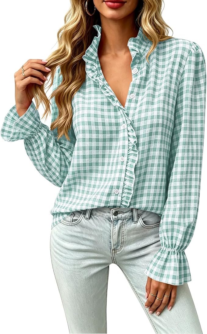 Building today's look from Shirt outward — Xijieniud Gingham Button Down Shirt for Women Long Sleeve,Fall Winter