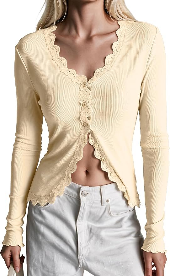 Today's forecast calls for Jacket — Allimy Women's Lace Trim Cardigan Long Sleeve V-Neck Ribbed Button Slim Fit Tops