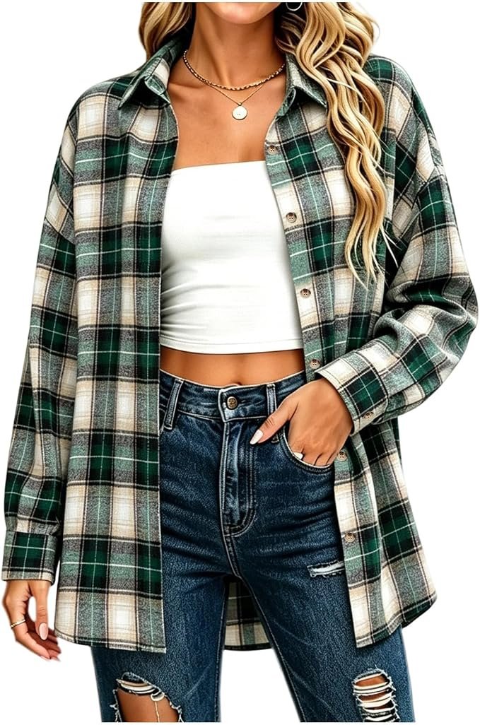 Shirt made a regular day look interesting — Xijieniud Plaid Flannel Shirt for Women Long Sleeve,Fall Winter Outfits
