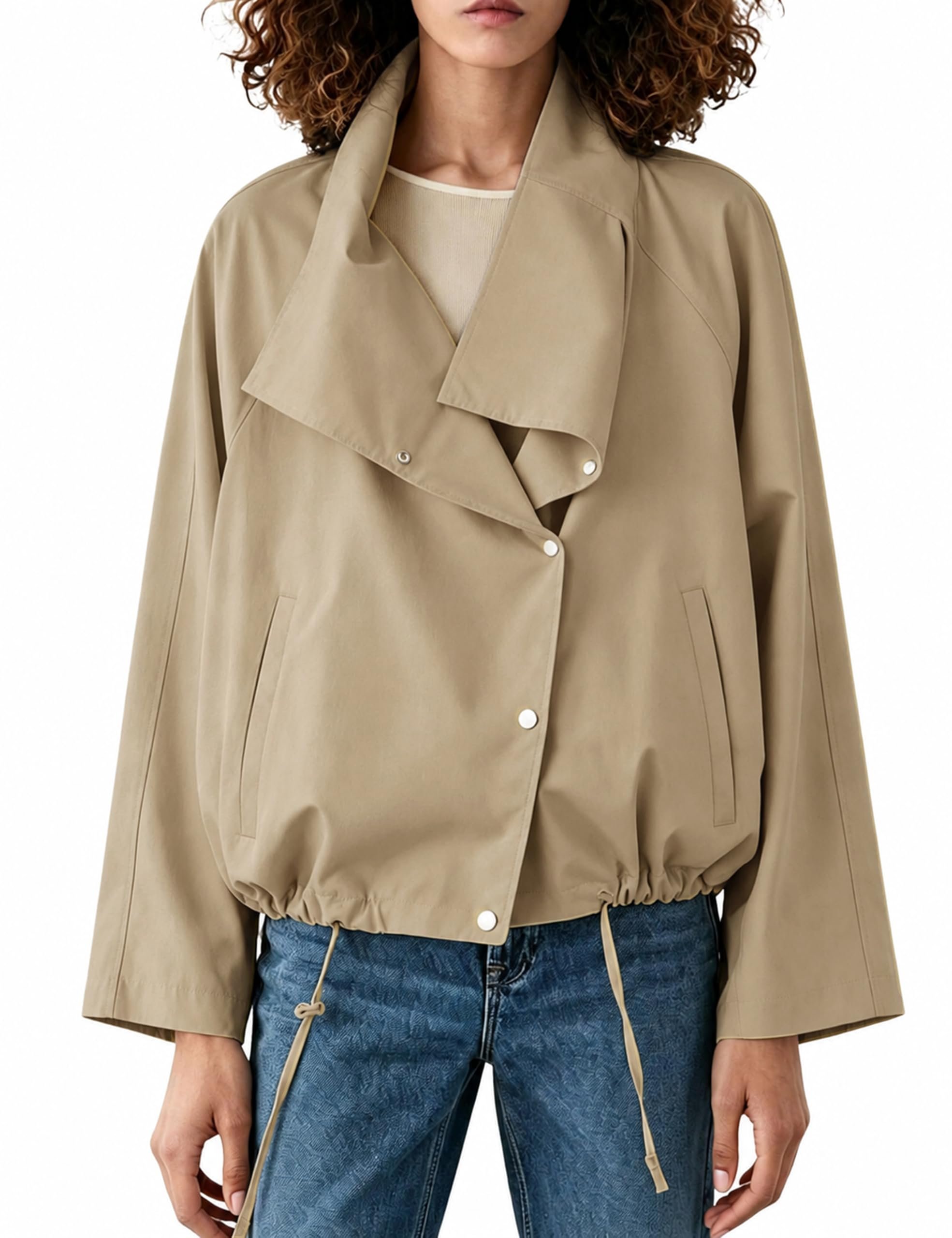 Cropped Jacket brought its own sunshine — Huaqiao Womens Cropped Trench Coat Casual Asymmetric Collar Fall Jackets
