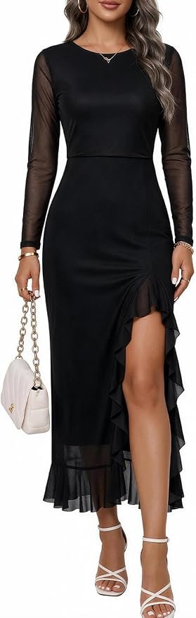 No notes, just Dress — Lyrur Women's Long Sleeve Polka Dot Ruffle Fall Wedding Guest Midi Dress