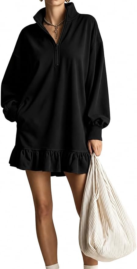 Styling Sweatshirt for a midday look — Ailoqing Womens Sweatshirt Half Zip Ruffle Hem Mini Dress