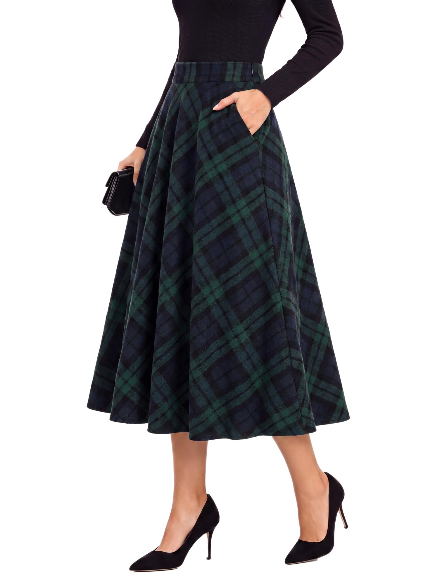 Sun out, Jacket on — Belle Poque Women's High Waisted Plaid Skirt Midi A Line Skirt Fall Winter Skirt with Pockets 2026