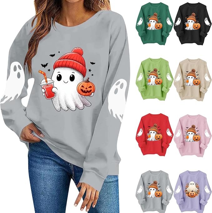 The schedule said casual; Sweatshirt heard camera-ready — Otsant Women Halloween Ghost Pumpkin Sweatshirt Crew Neck Long Sleeve Shirt