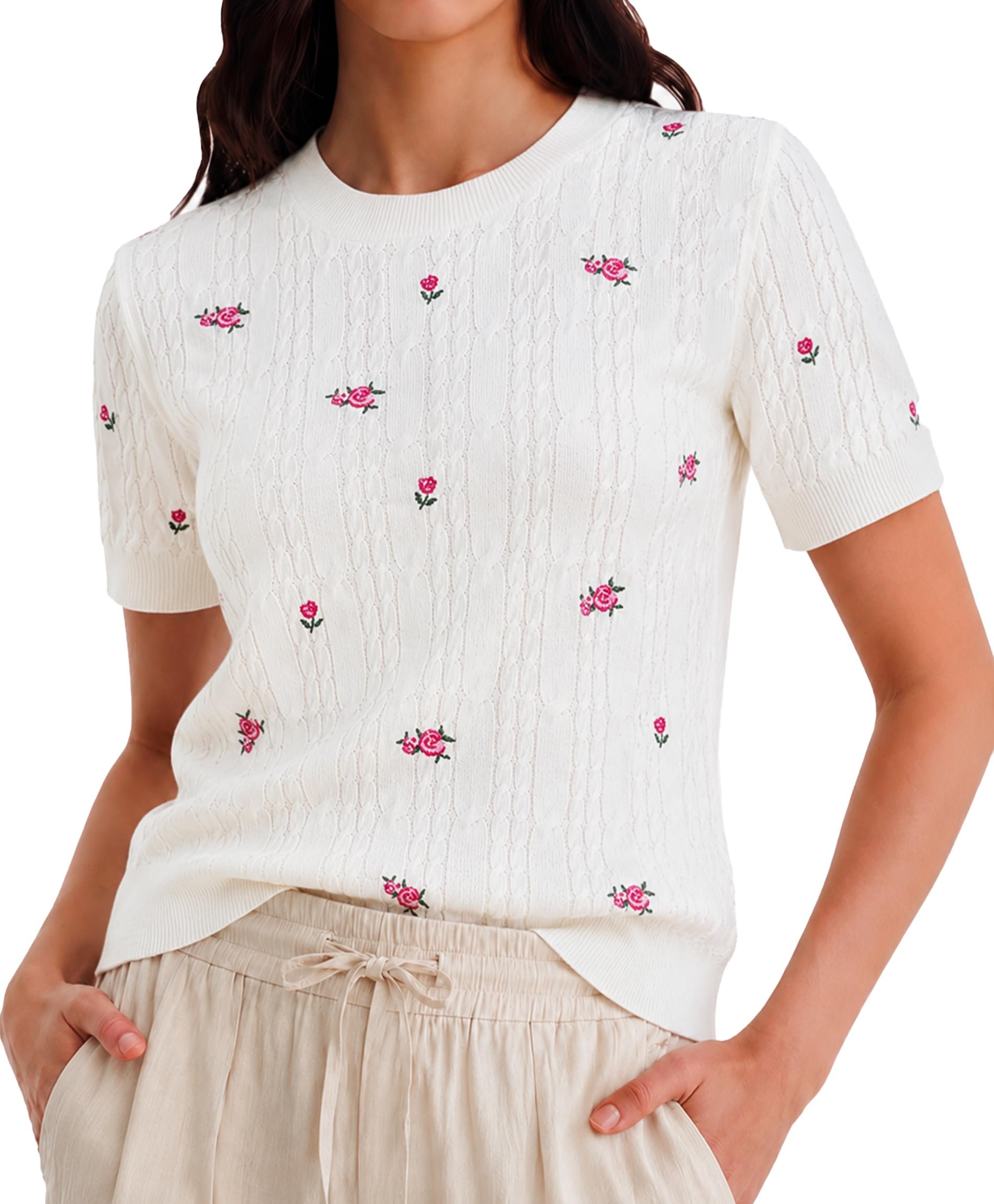 Shorts are carrying this outfit — AceNest Floral Short Sleeve Sweater Top Wool Blend Casual Fall Sweater 2026