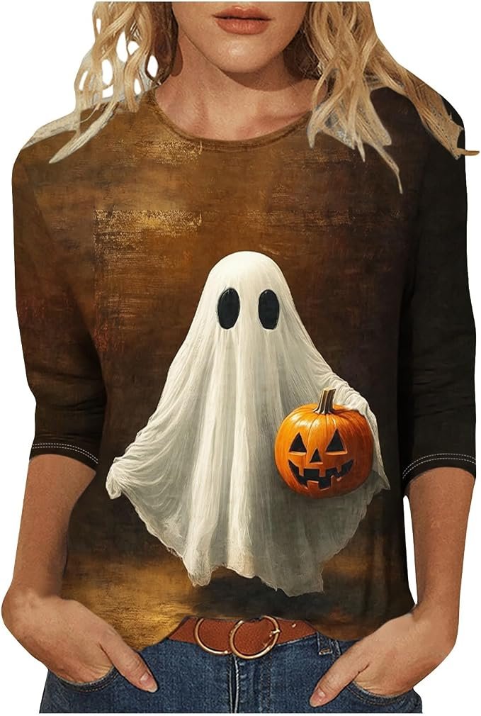 Partly cloudy, fully styled in Shirt — Ygjtjyd 3/4 Sleeve Halloween Shirts for Women Crew Neck Tops Fall