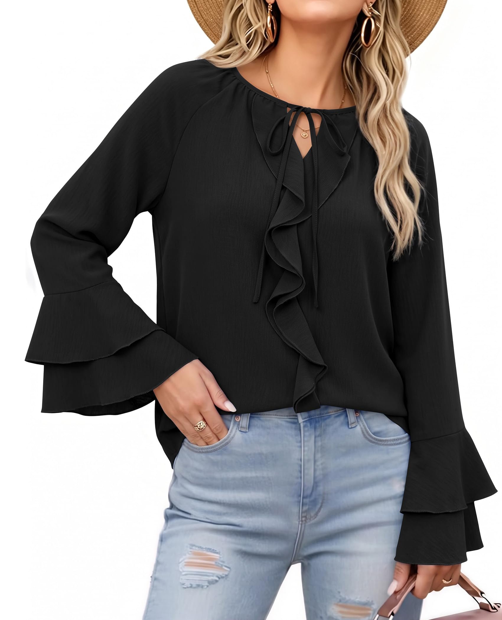 Styling Dress for a midday look — Siliteelon Womens Bell Long Sleeve Ruffle Tops Dressy Casual V Neck Chiffon Blouses