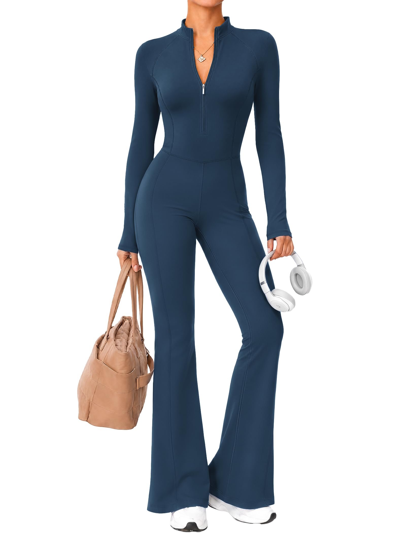 Dress: proof I can dress and tell a joke — Lookboho Women's Long Sleeve Half-Zip Flared Workout Jumpsuit