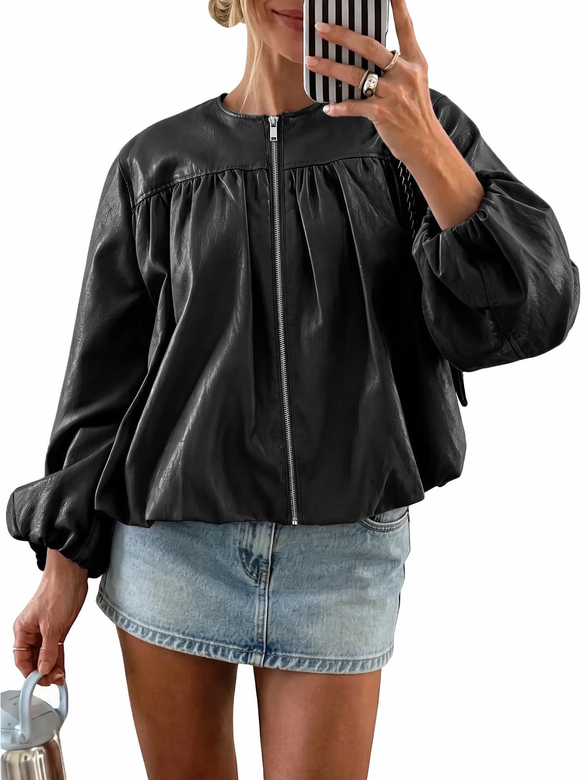 One errand, full fit check: Cropped Jacket — Tankaneo Womens Faux Leather Zip Up Bomber Jacket Bubble Hem Cropped Coat