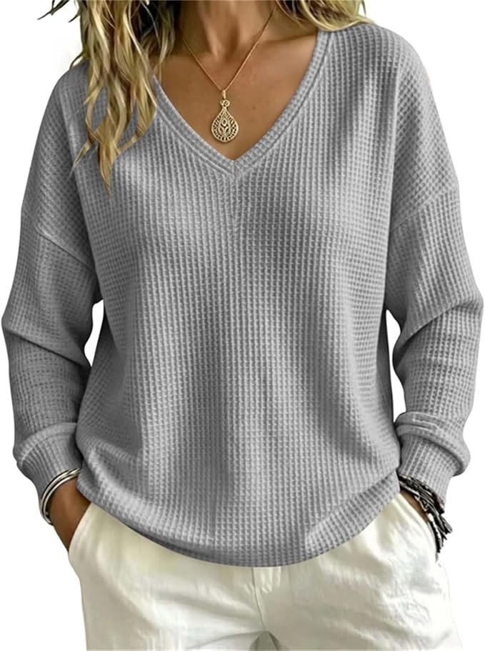 The coffee run deserved Lightweight Top — Ygjtjyd V Neck Waffle Knit Tops for Women Fall Lightweight Long Sleeve