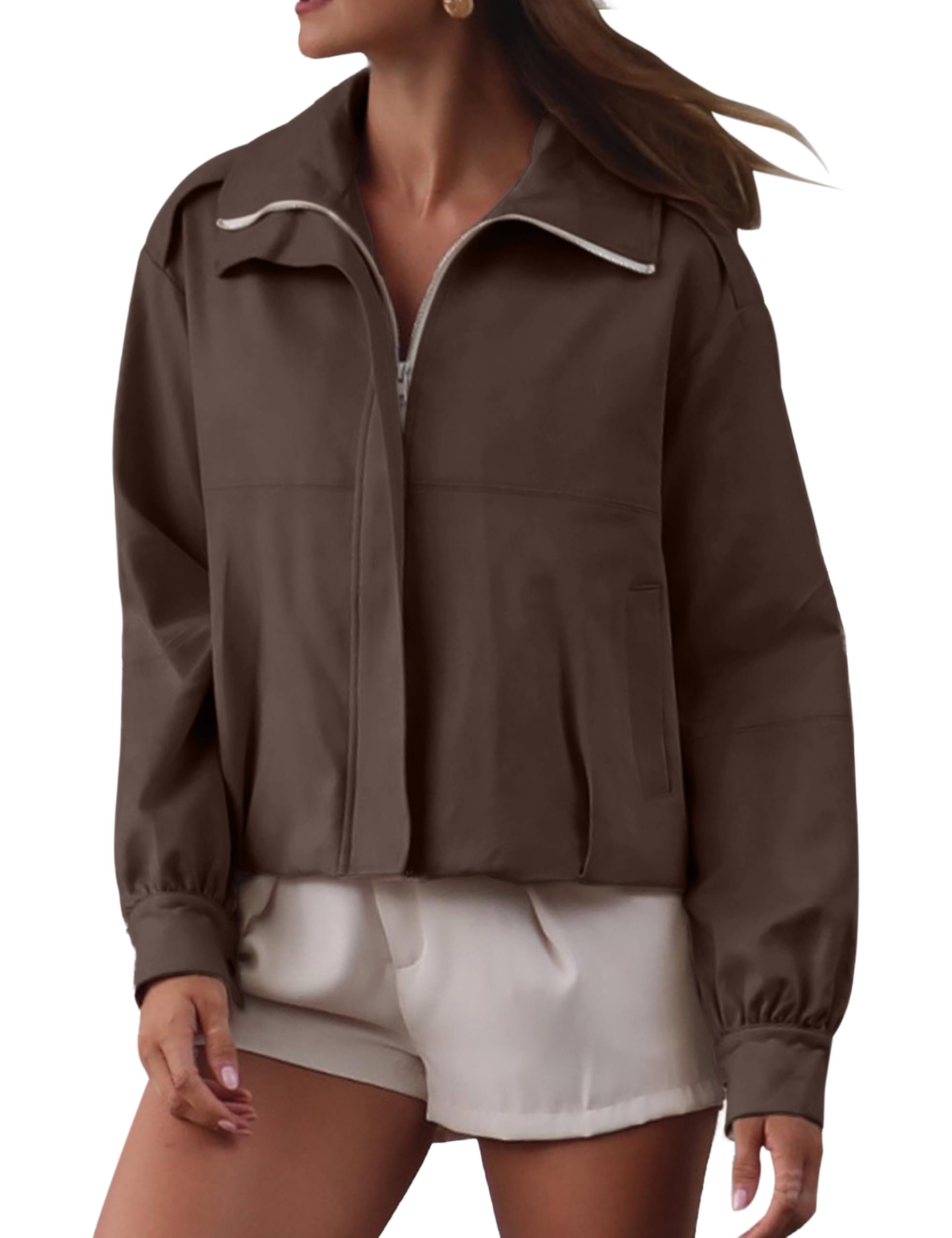 Cropped coat, long look in the mirror — Taqcux Womens Faux Suede Bomber Jacket Funnel Neck Casual Cropped Coat