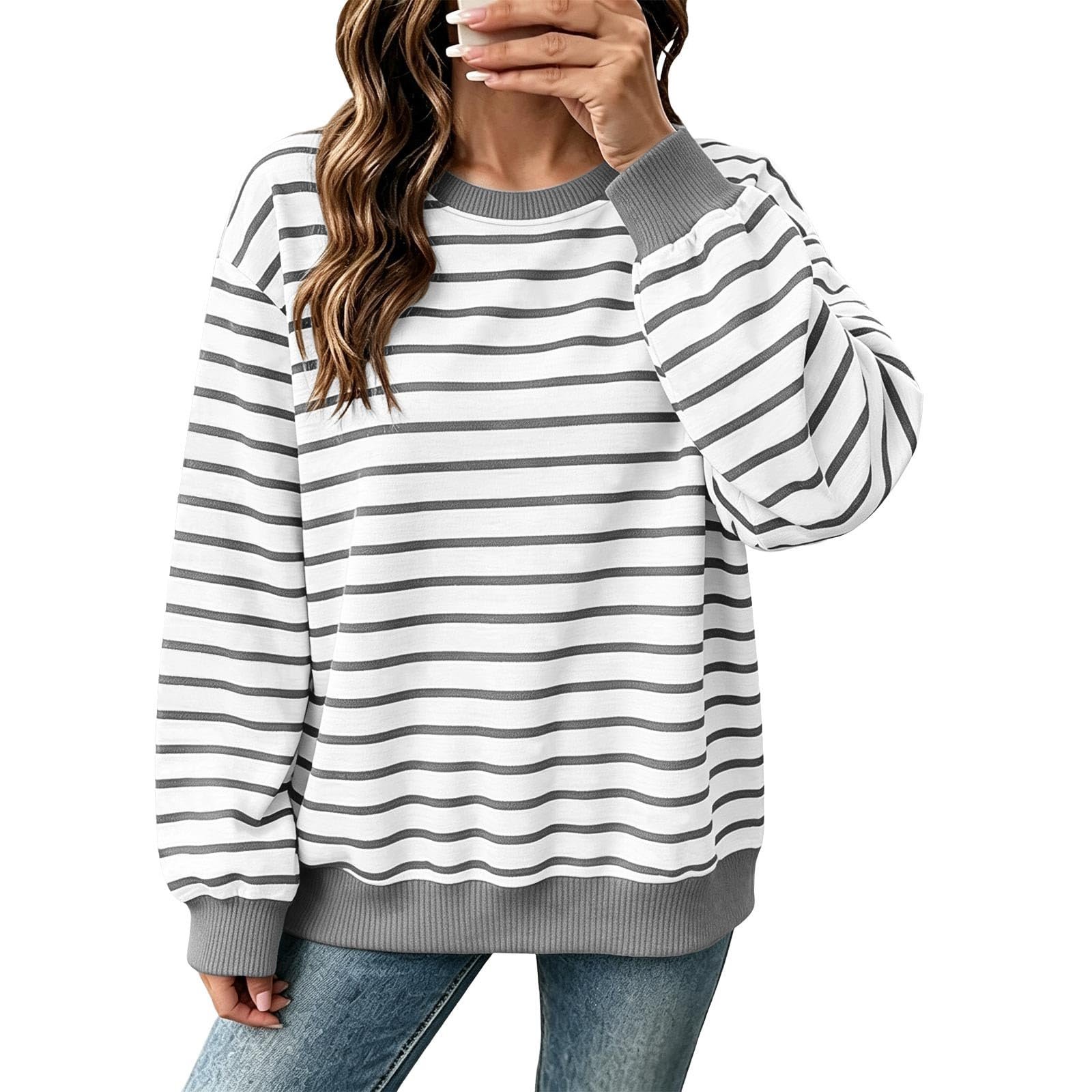 Seams like Lightweight Sweatshirt won today — Zhihaihen Striped Sweatshirt for Women Crewneck Lightweight Fall