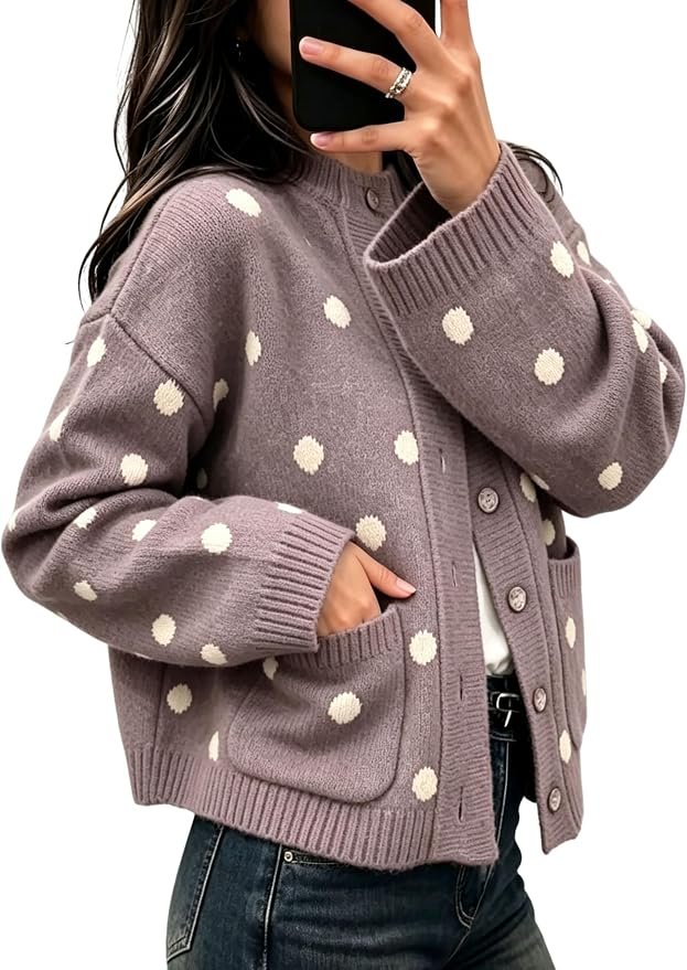 Jacket brought its own sunshine — Athlisan Women's Polka Dot Knit Cardigan Crew Neck Long Sleeve Sweater