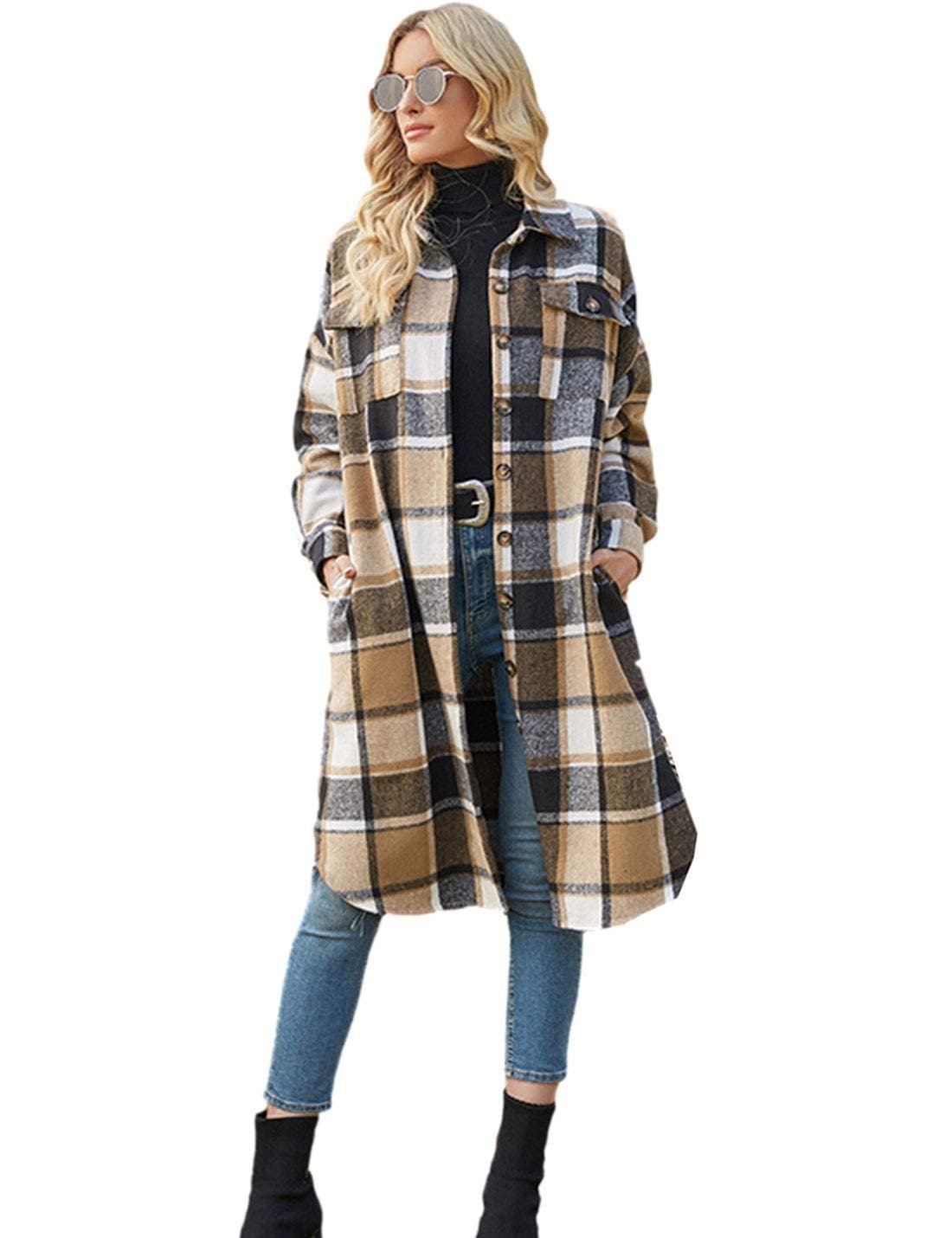 Plaid on top, denim doing the quiet work — Puwei Women's Casual Lapel Button Down Long Plaid Shirt Coat Tartan Shacket Jacket