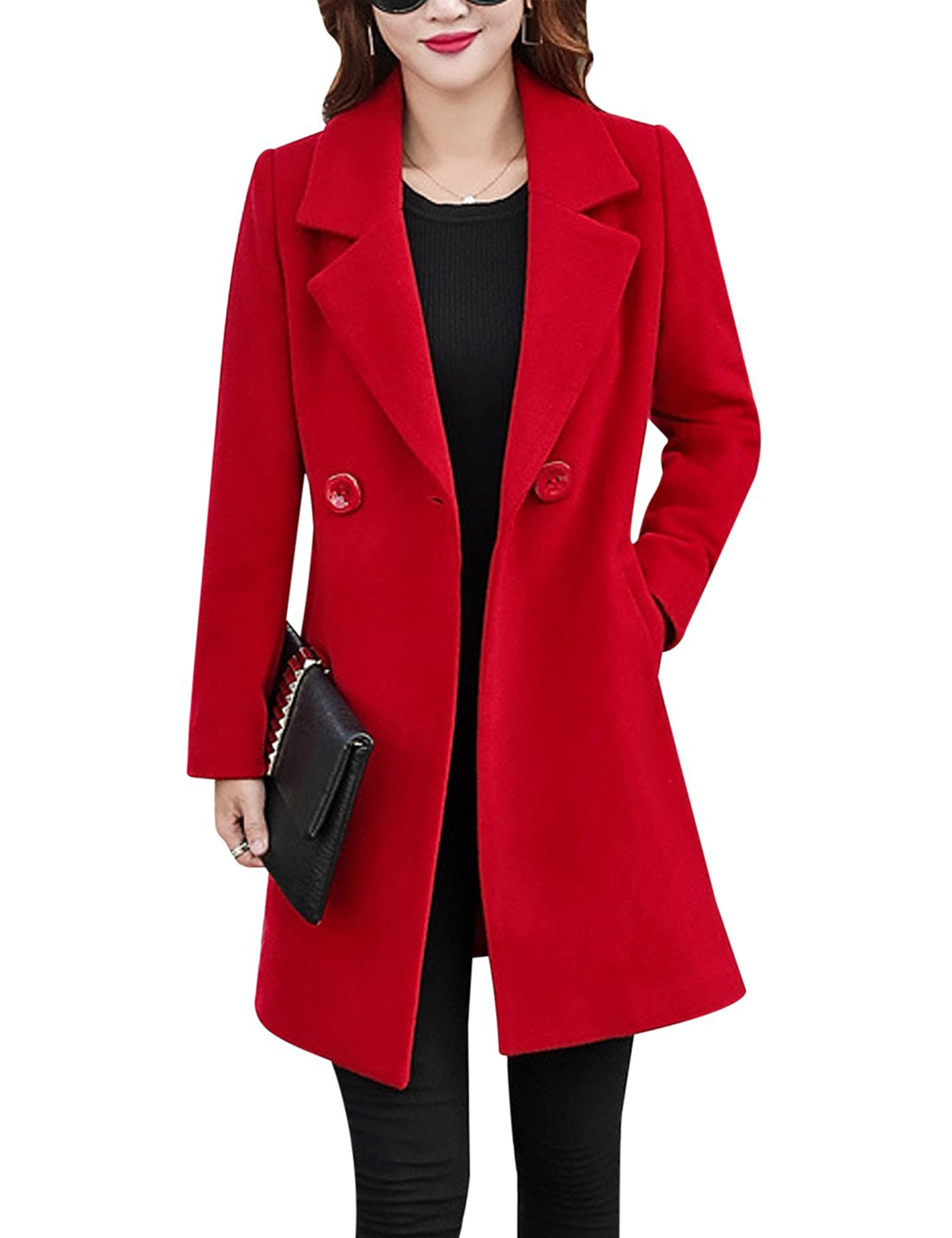 This bright red coat has wide notched lapels — Tanming Womens Long Wool Coat Notched Lapel Trench Peacoats