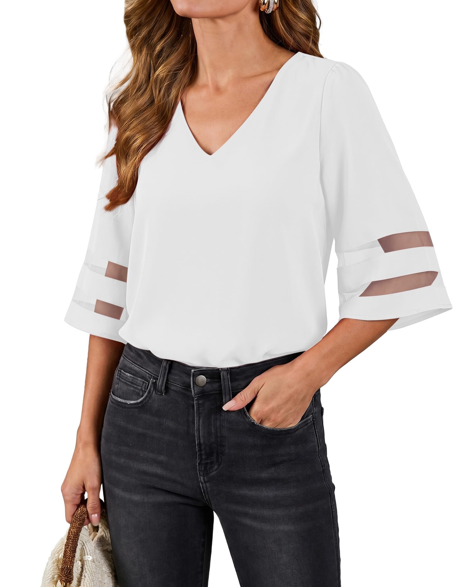 Blouse crossed the closet for a change — Lookbook Store LookbookStore Women's V Neck Mesh Panel Blouse 3/4 Bell Sleeve Loose Top Shirt