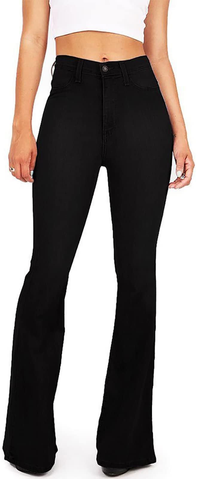 White tank peeking out beneath the black buttons — Bisual Women's Fashion High Rise Jeans Slimming Wide Leg Stretch Denim Flare Bellbottom Jeans