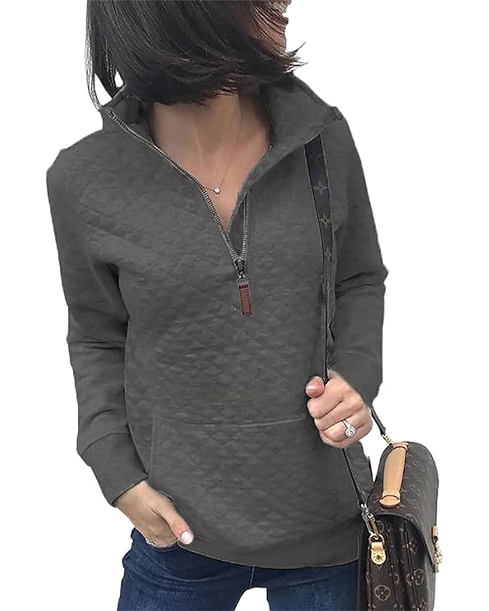 Cream cardigan with brown trim left open — Btfbm Quarter Zip Sweatshirt For Women Fall Outfits