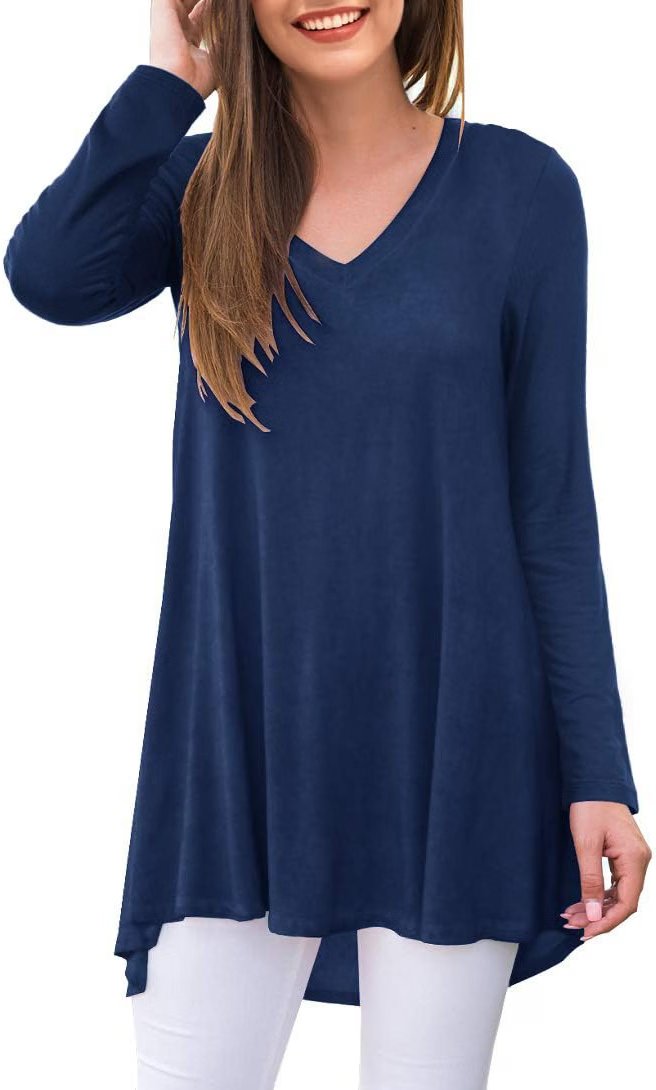 Navy V-neck tunic and wide black palazzo — Awuliffan Women's Fall Long Sleeve V-Neck T-Shirt Sleepwear Tunic Tops Blouse Shirts