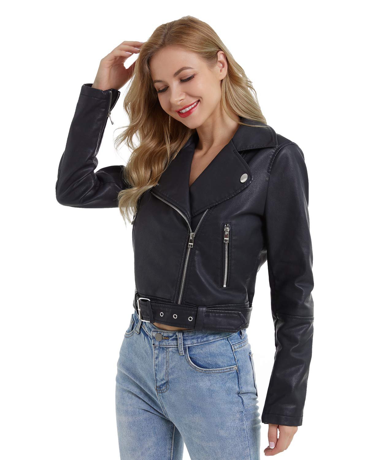 Fit check: Jacket chose the whole mood — Diashiny Women Faux Leather Jacket Slim Belted PU Moto Coat