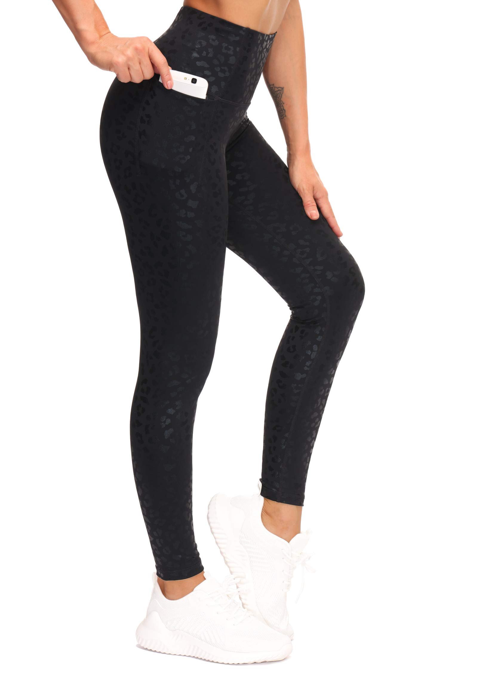 High waist leggings showing subtle leopard print — The Gym People Women Tummy Control Leggings Workout Yoga Pants with Pockets