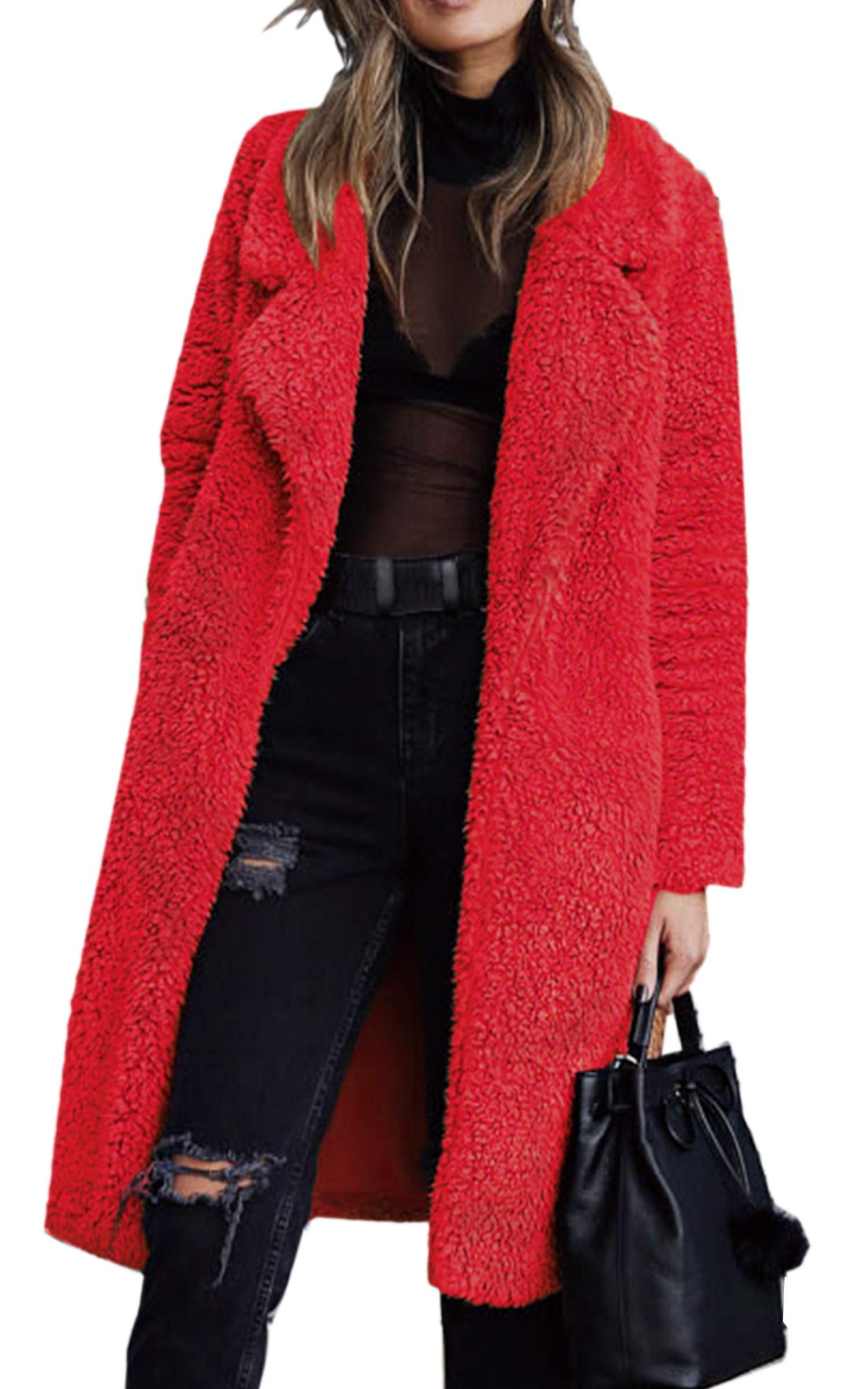 Red teddy coat open over white lace layers — Angashion Women's Fuzzy Fleece Lapel Open Front Long Cardigan Coat Faux Fur Warm Winter Outwear Jackets Red XL