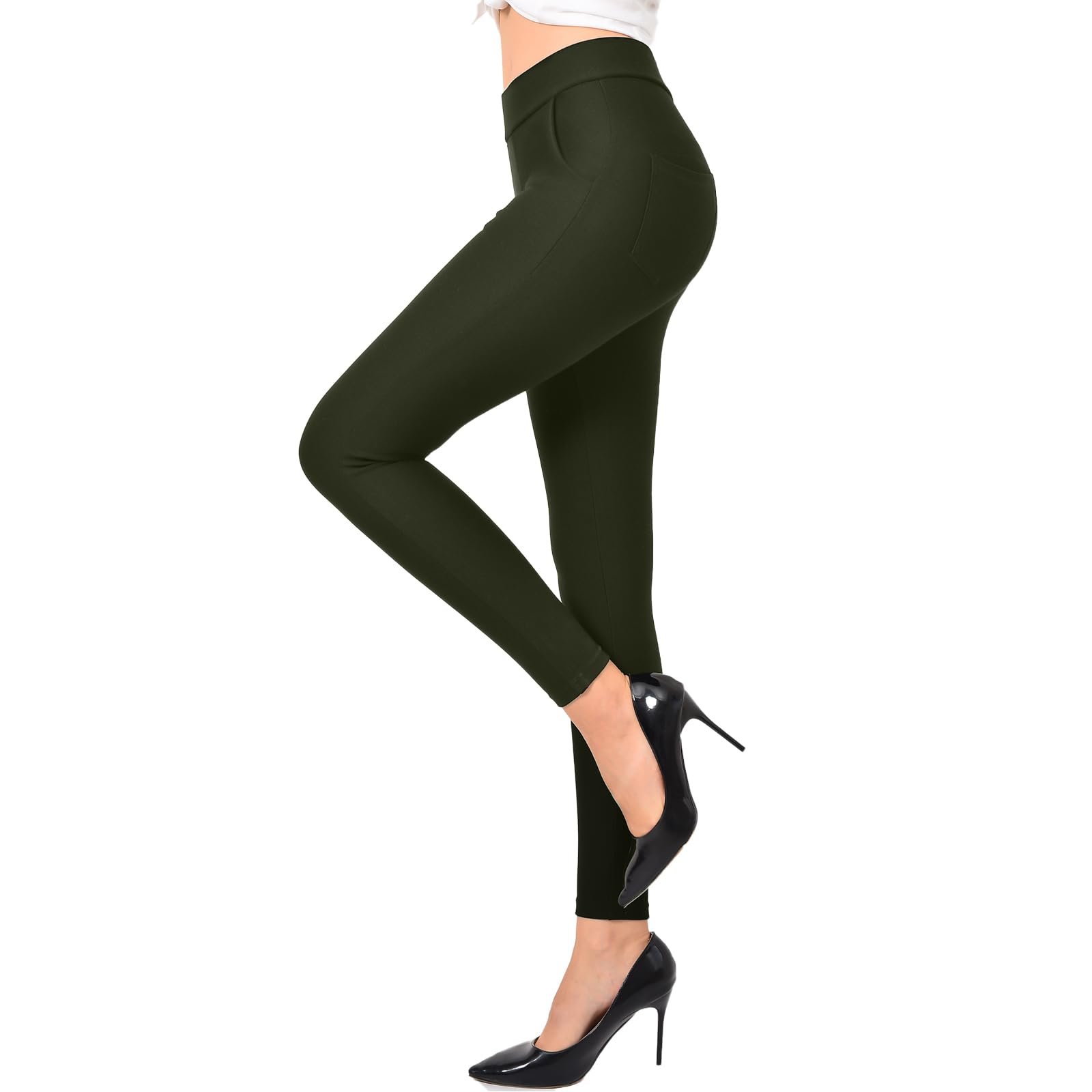High waist olive leggings hugging the ankle — Ginasy Dress Pants for Women, Pull-On Business Casual Leggings