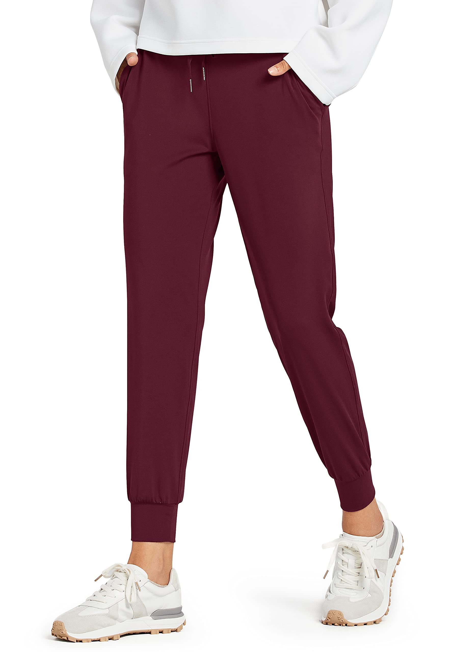 Burgundy joggers tapered to the cuffed ankle — Libin Women's Joggers Pants Athletic Casual Sweatpants Petite/Regular/Tall
