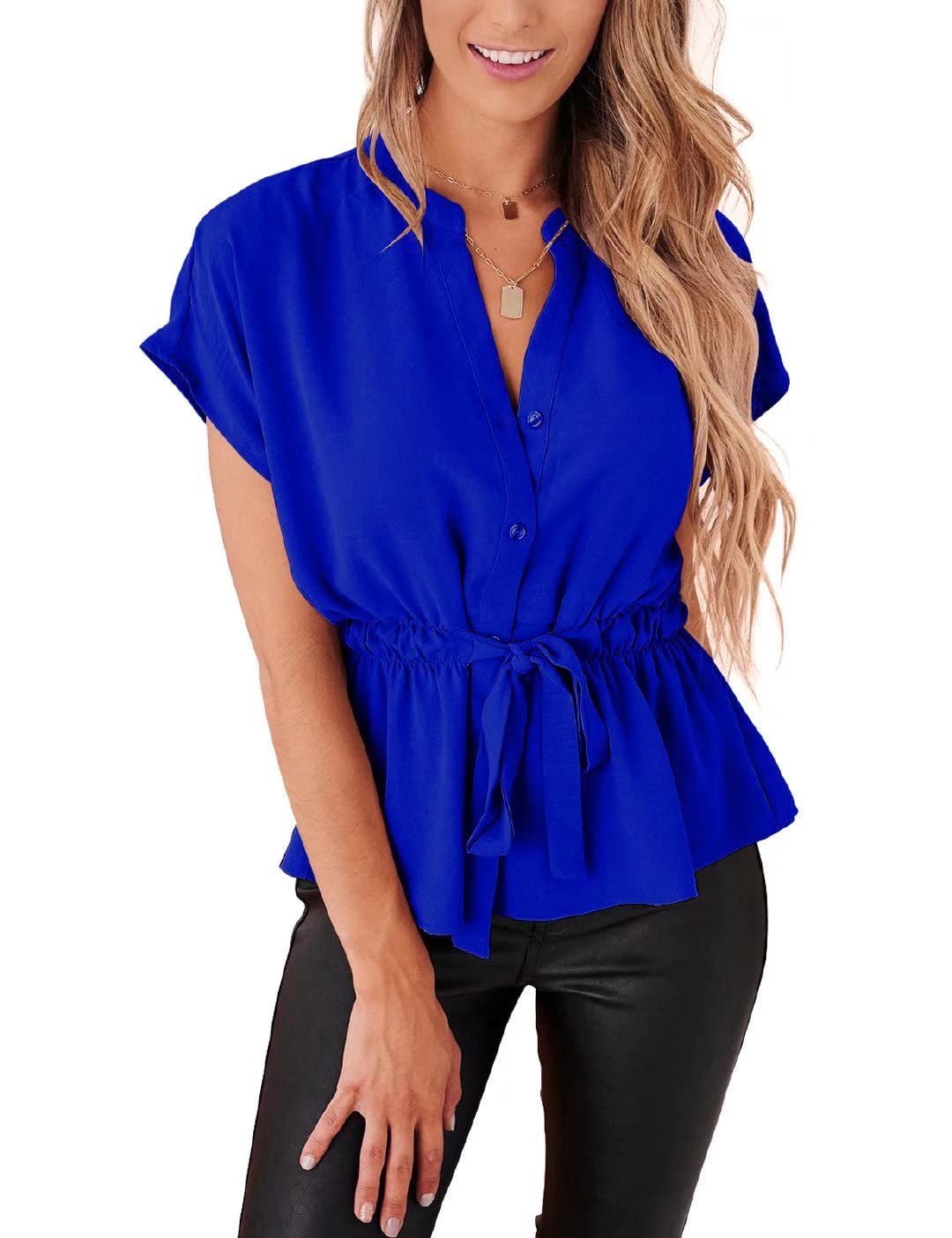 Split V neck above two small blue buttons — CiCiBird Womens Button Down Blouses Casual Peplum Summer Tops Dressy Chiffon Work Blouse