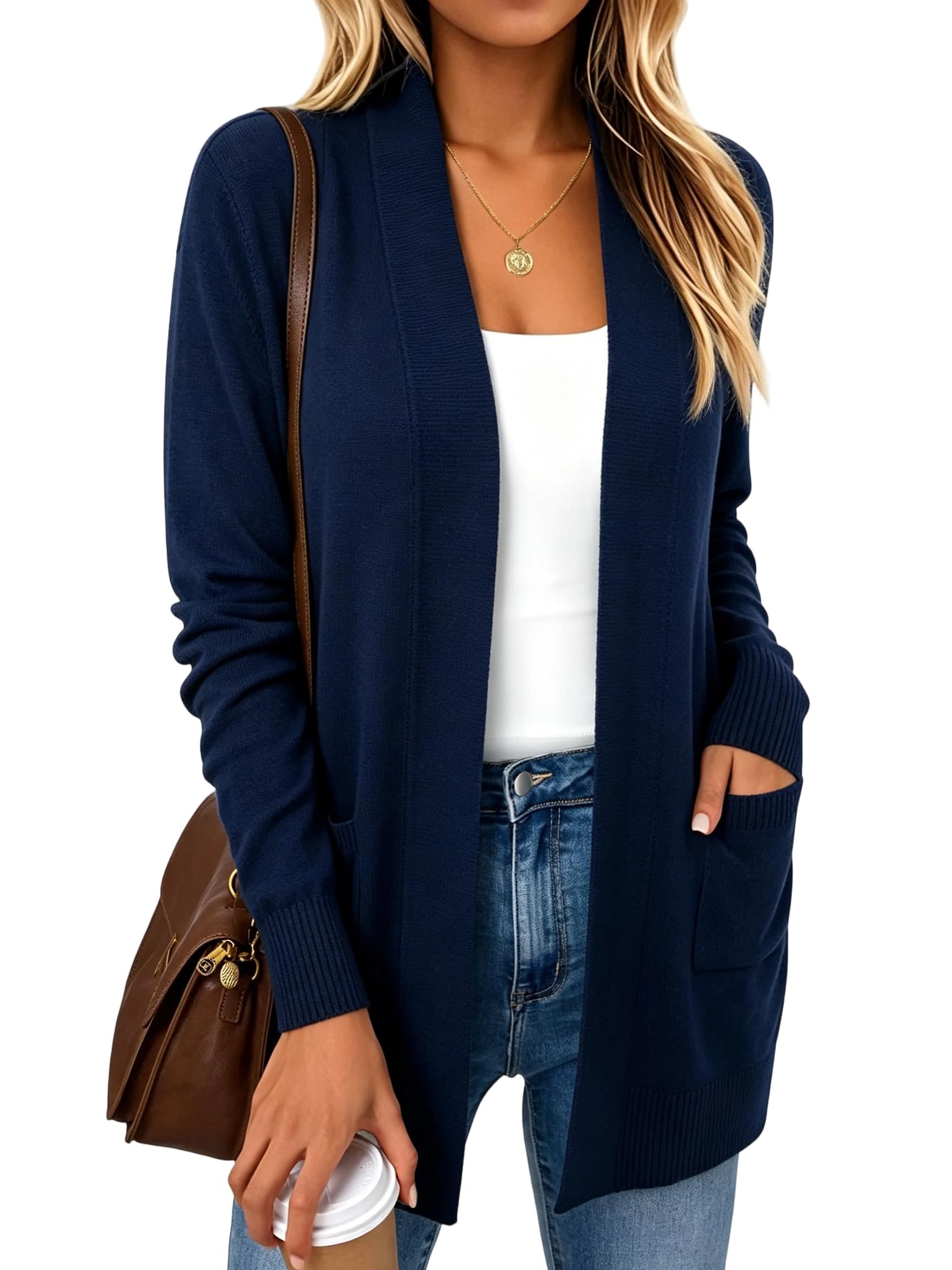 Navy open cardigan with shawl collar and patch pockets — Spicy Sandia Women’s Basic Open Front Long Cardigan Sweaters with Pockets