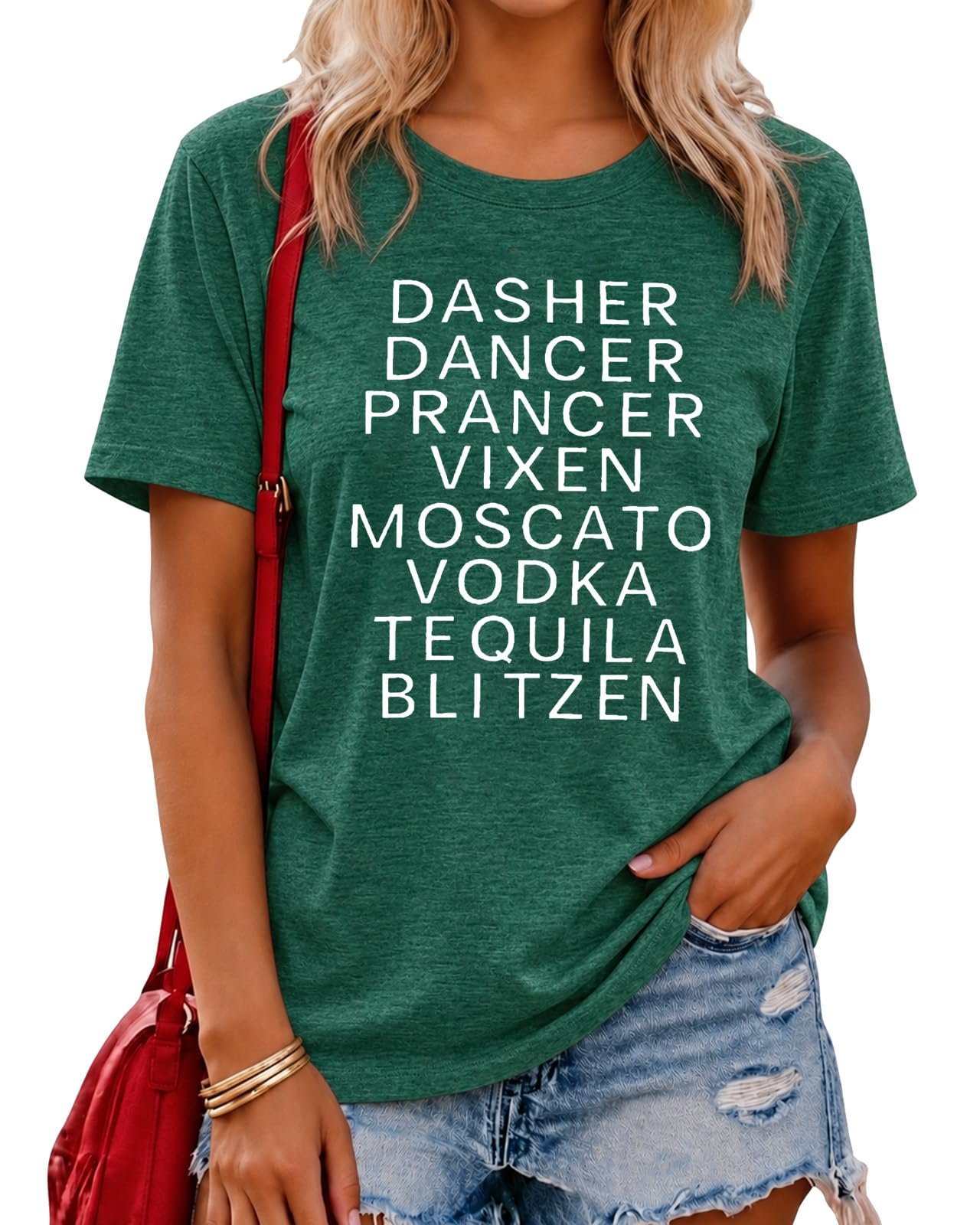 Center seam running down the light wash wide leg — Hebbe Merry Christmas Shirts Women Dasher Dancer Prancer Vixen Shirt Xmas Tee