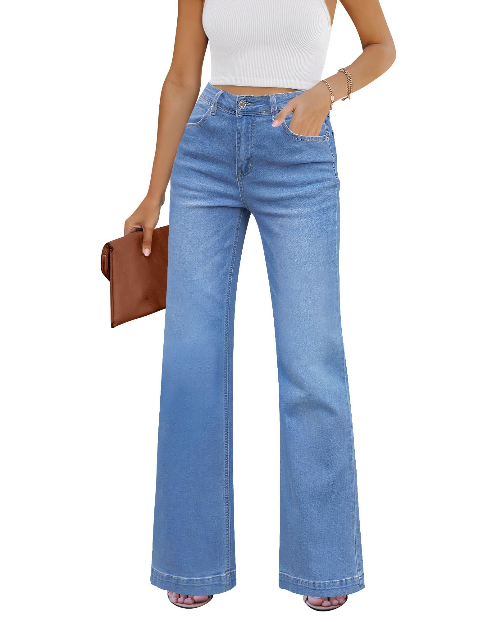 Ribbed cuffs and patch pockets on the mustard knit — Grapent Flare Jeans for Women High Rise Wide Leg Baggy Stretchy Denim Pants