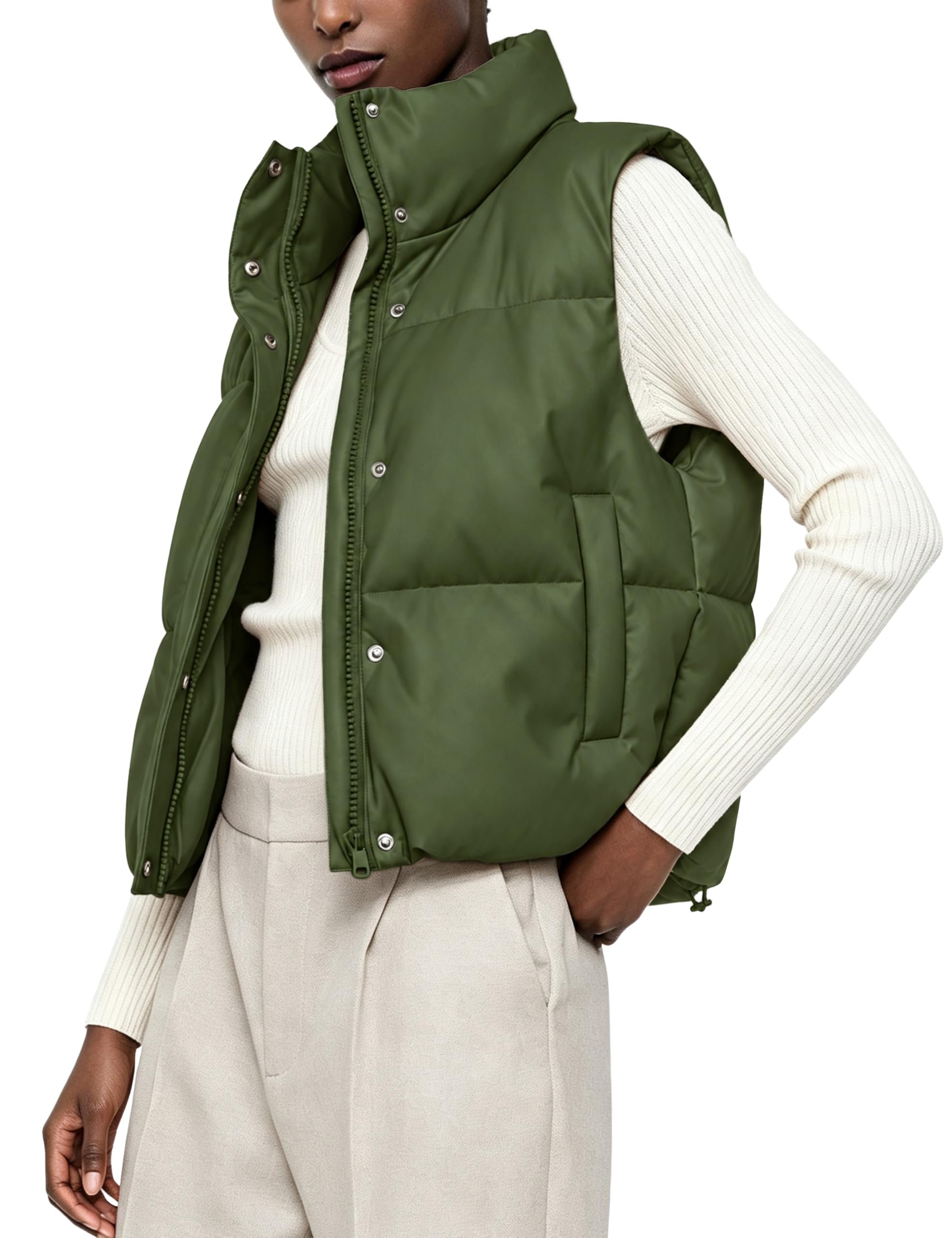 Cropped Jacket changed the energy of this look — Ailoqing Womens Faux Leather Puffer Vest Zip Up Sleeveless Winter Cropped Jacket