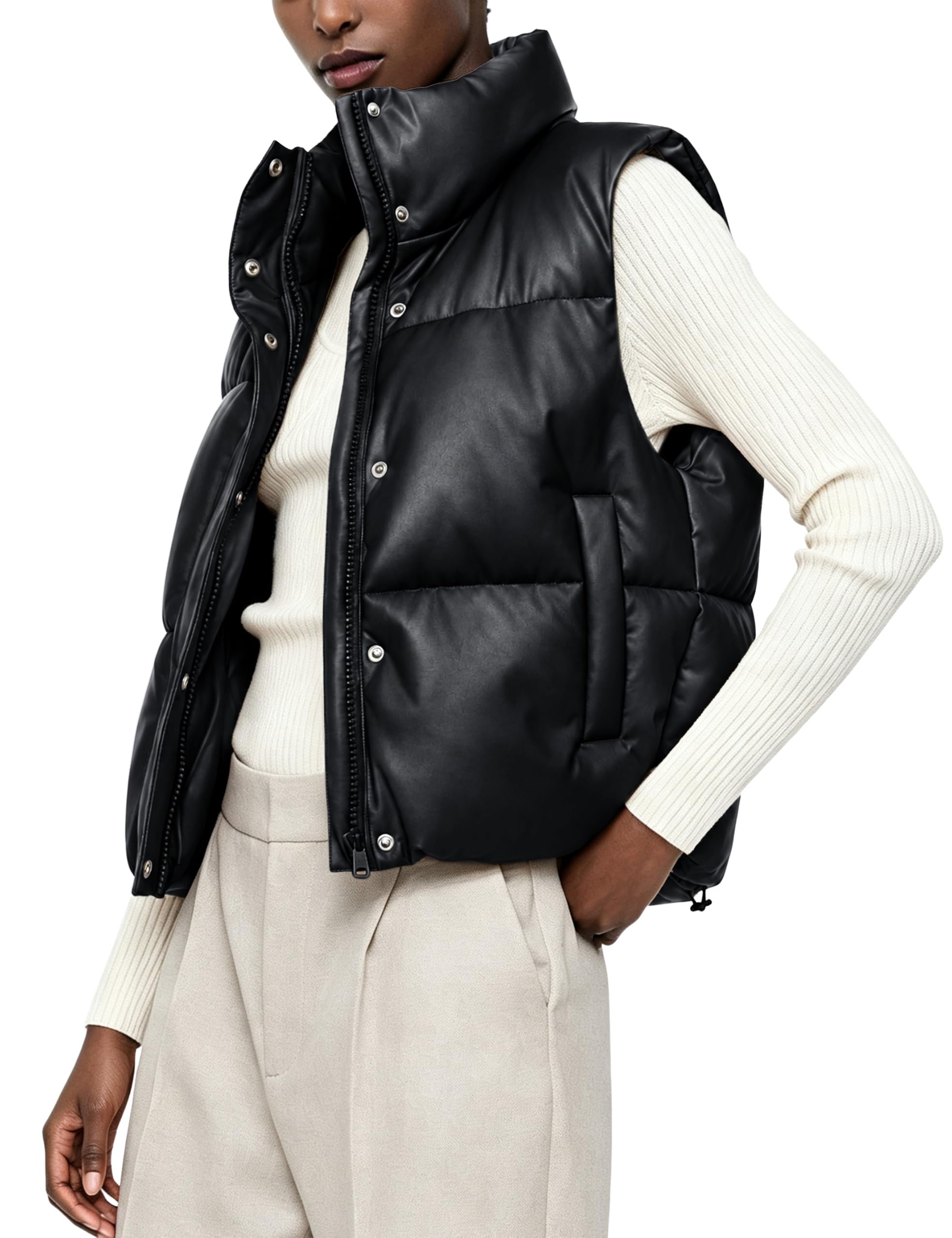 Cropped vest, long elevator ride — Ailoqing Womens Faux Leather Puffer Vest Zip Up Sleeveless Winter Cropped Jacket