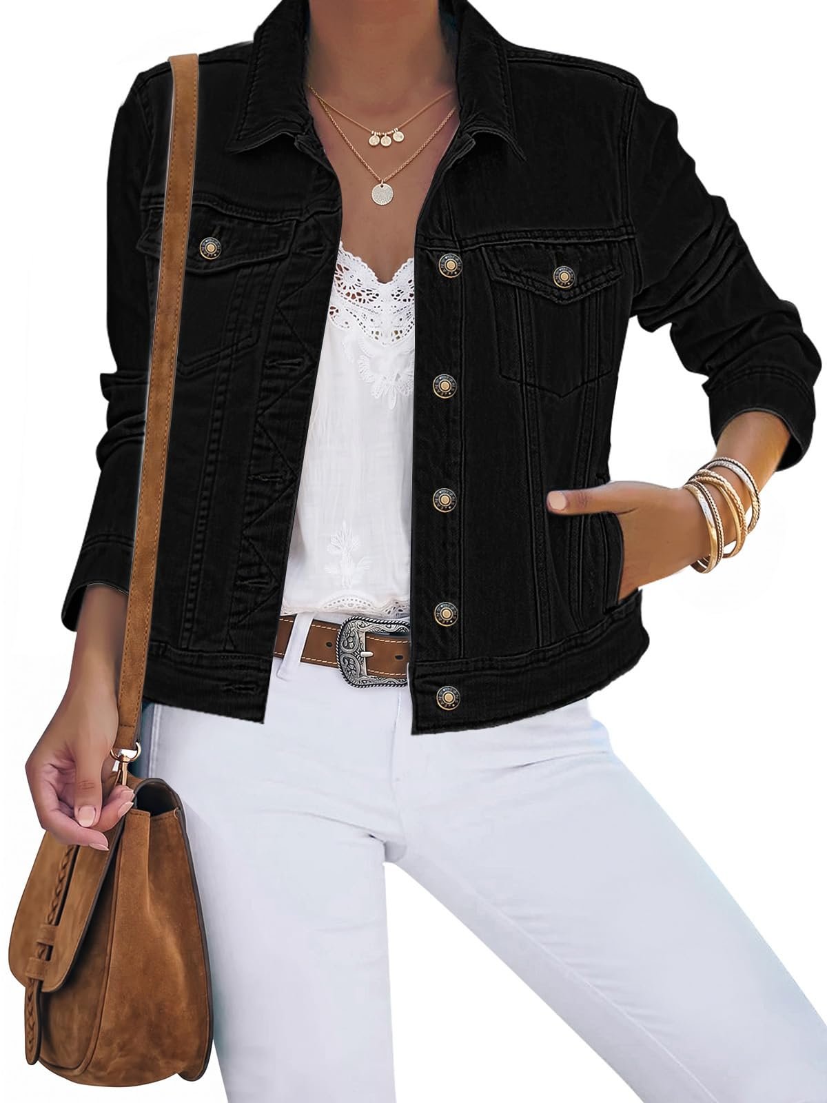 No notes, just Jacket — Luvamia Women's Basic Button Down Stretch Fitted Long Sleeves Denim Jean Jacket