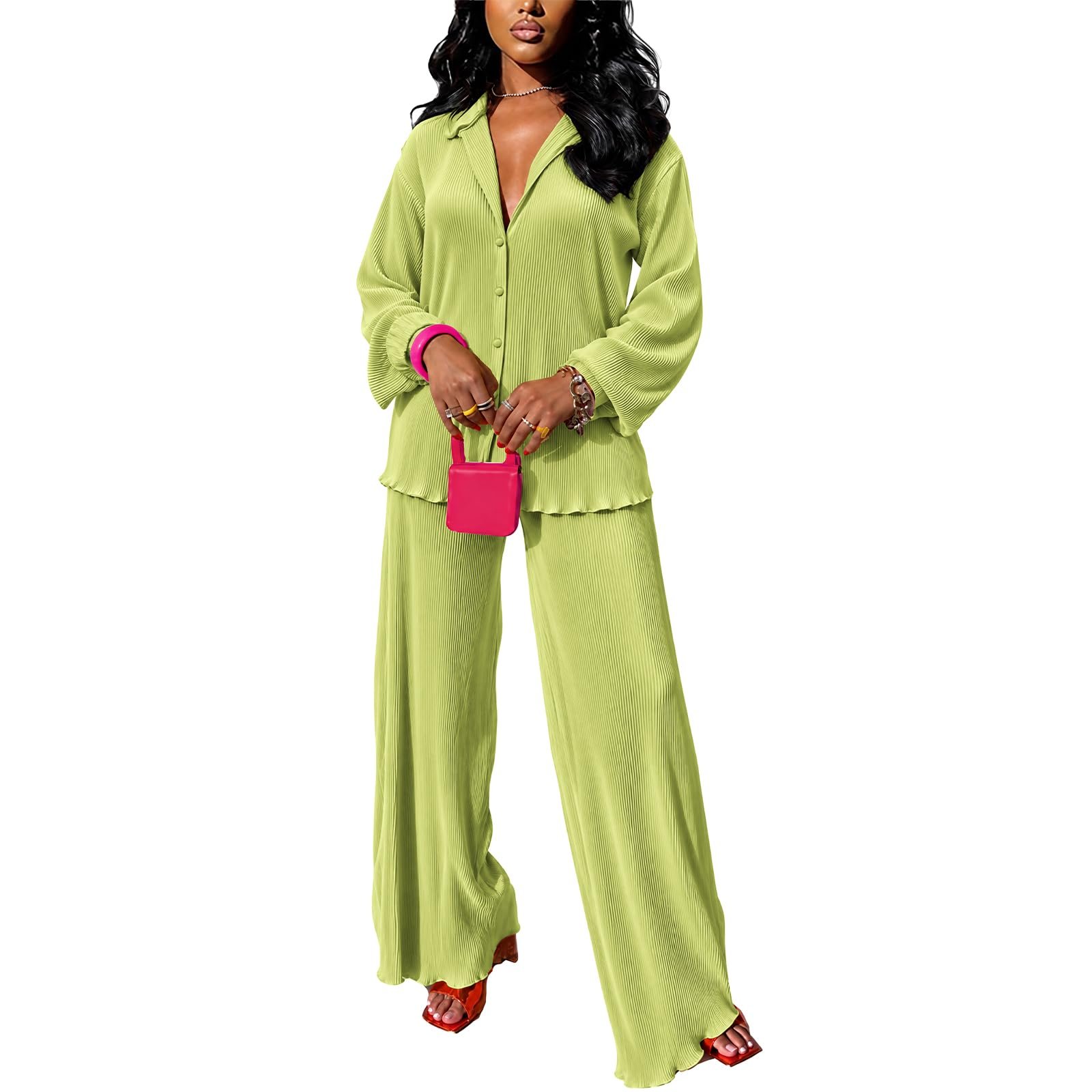 Chartreuse pleats from collar to hem — Kaimimei Casual 2 Piece Outfit for Women Shirt and Wide Leg Pants
