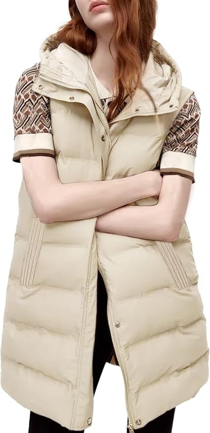 Cream puffer vest with the hood resting on the back — Tanming Women's Long Puffer Vest with Removable Hood