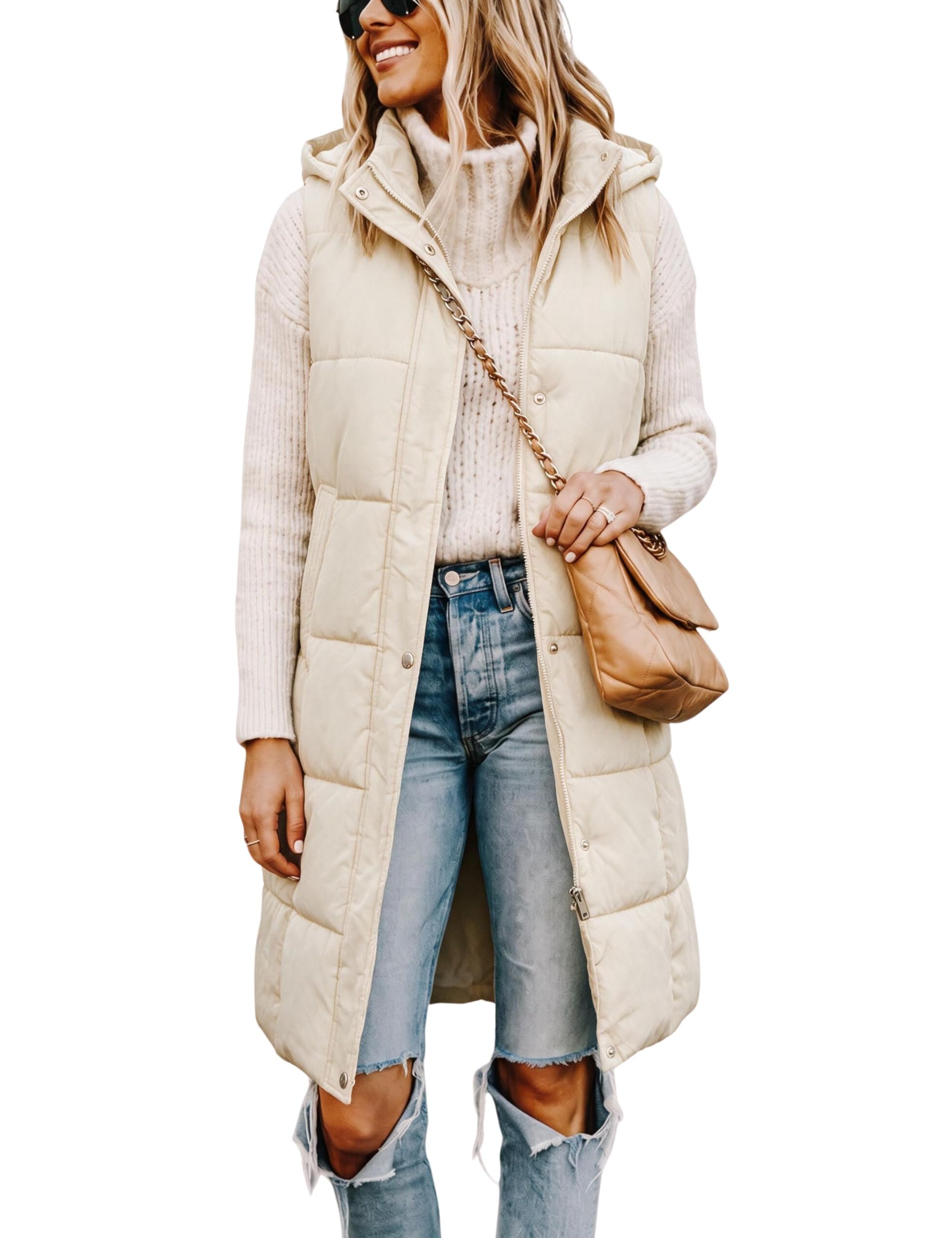Hood resting behind the long quilted vest — Scusty Womens Long Puffer Vest Sleeveless Coats Quilted Vests Outerwear Jackets with Hood