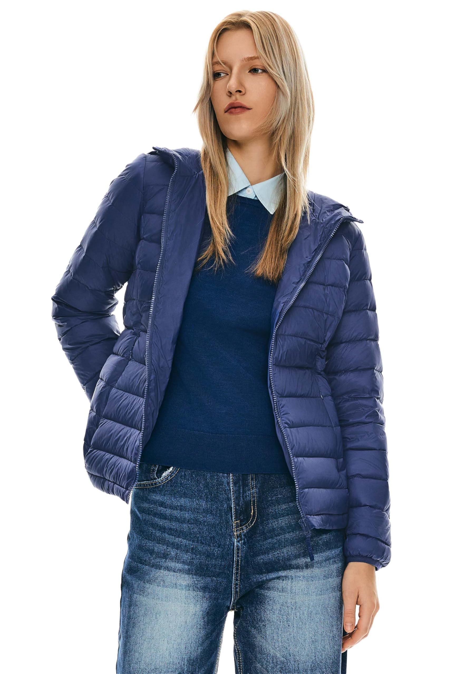 Navy puffer with horizontal quilting and flat hood — Orolay Women's Lightweight Packable Down Jacket, Hooded Short Puffer Coat