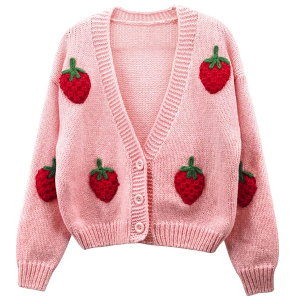 Cropped Jacket and Jeans versus my very unorganized schedule — Houlengs Women's Strawberry Print Button Down Long Sleeve V Neck Crop Cardigan Sweater