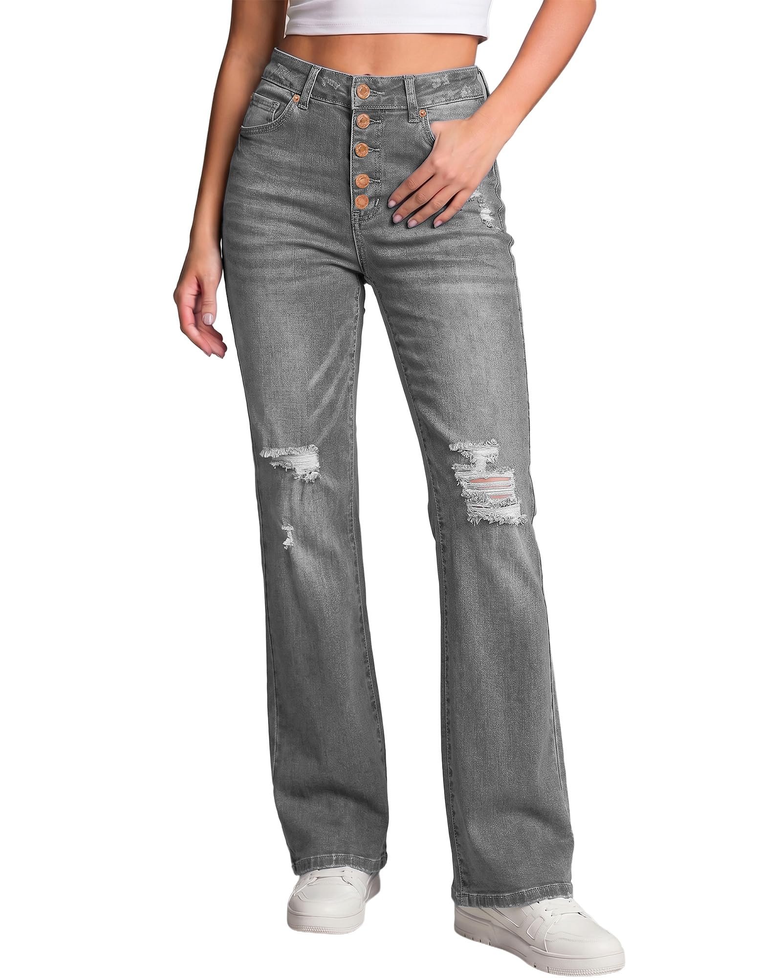 Bell cuffs flaring from the taupe button cardigan — Lookbook Store LookbookStore Bell Bottom Jeans for Women High Waisted Ripped Flare Pants
