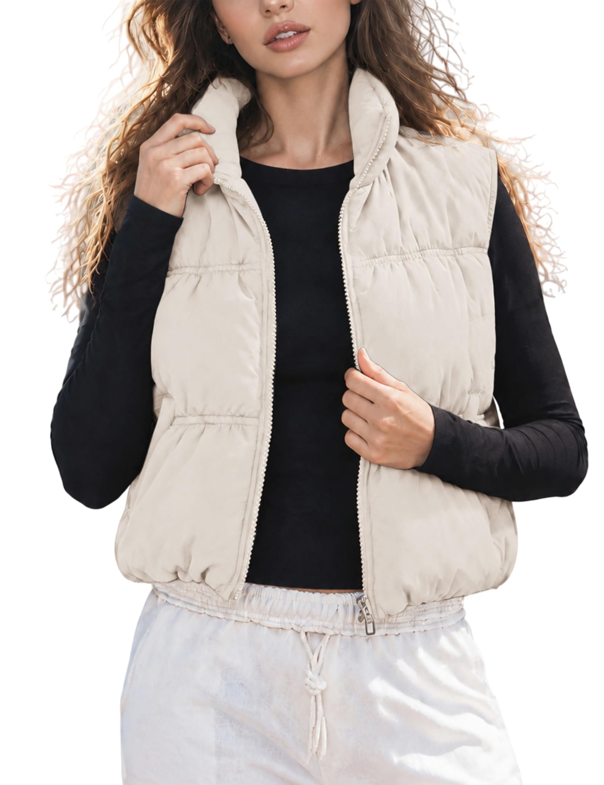 A late-night case for the sleeveless puffer — Uaneo Women's Cropped Puffer Vest Lightweight Sleeveless Quilted Jacket