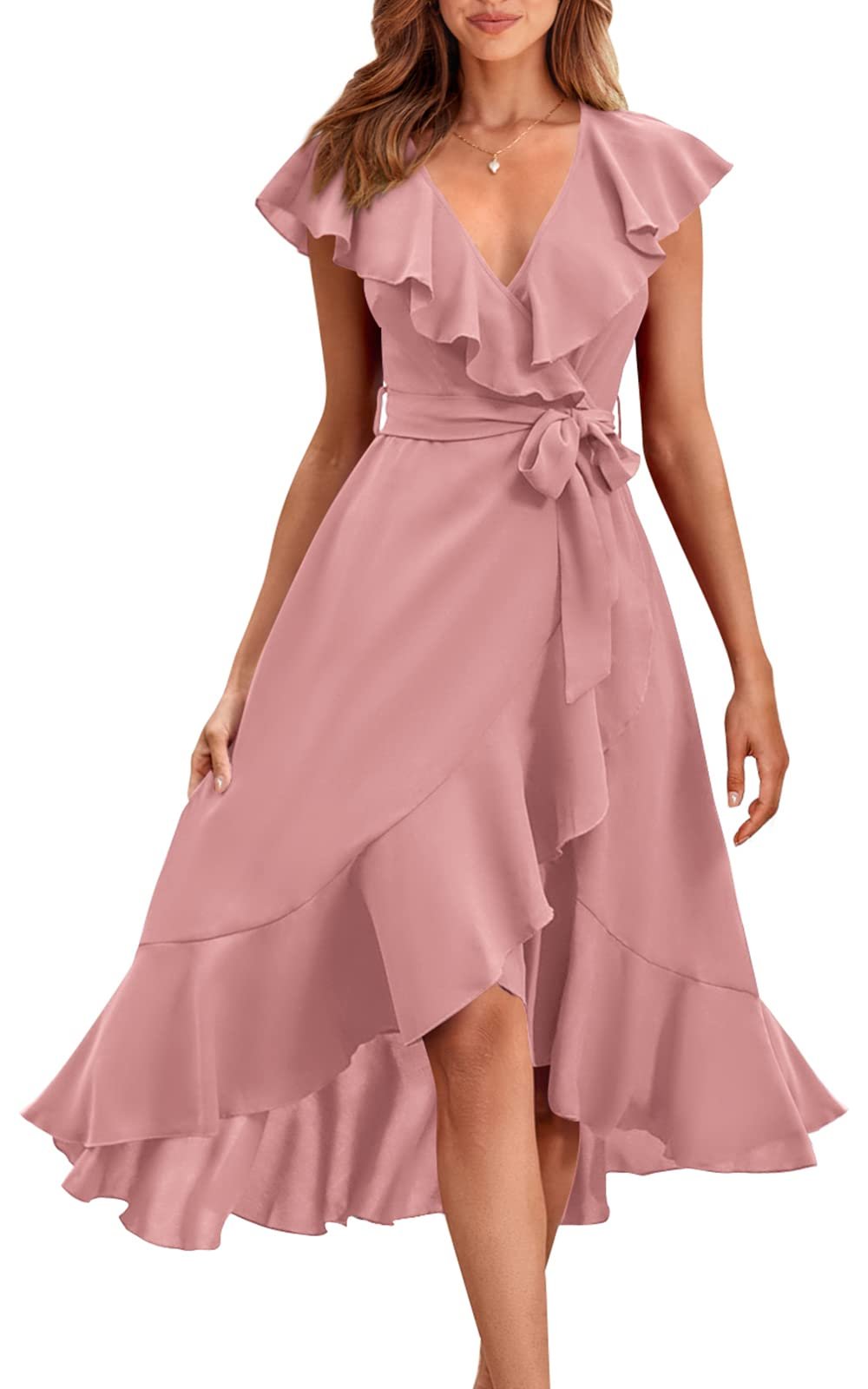 Flutter sleeves and a hem that kicks longer behind — Prettygarden RETTYGARDEN Women's 2026 Summer Cross Midi Dress Casual Boho Deep V Neck Short Sleeve Ruffle Hem Split Beach Long Dresses