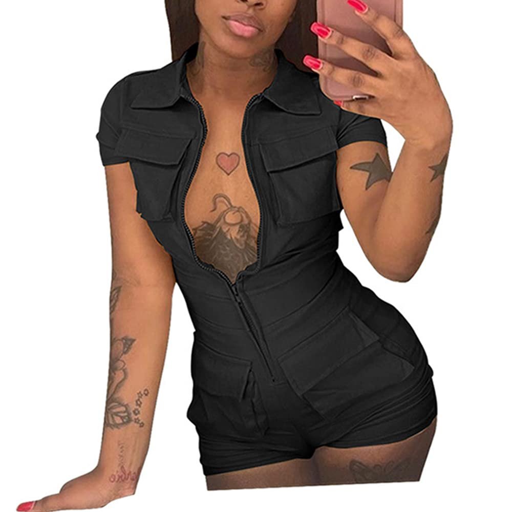 Short sleeves cut neat above the elbow — Nshypoi Cargo Jumpsuit for Women Short Sleeve Zip Collar Pocket Romper Streetwear