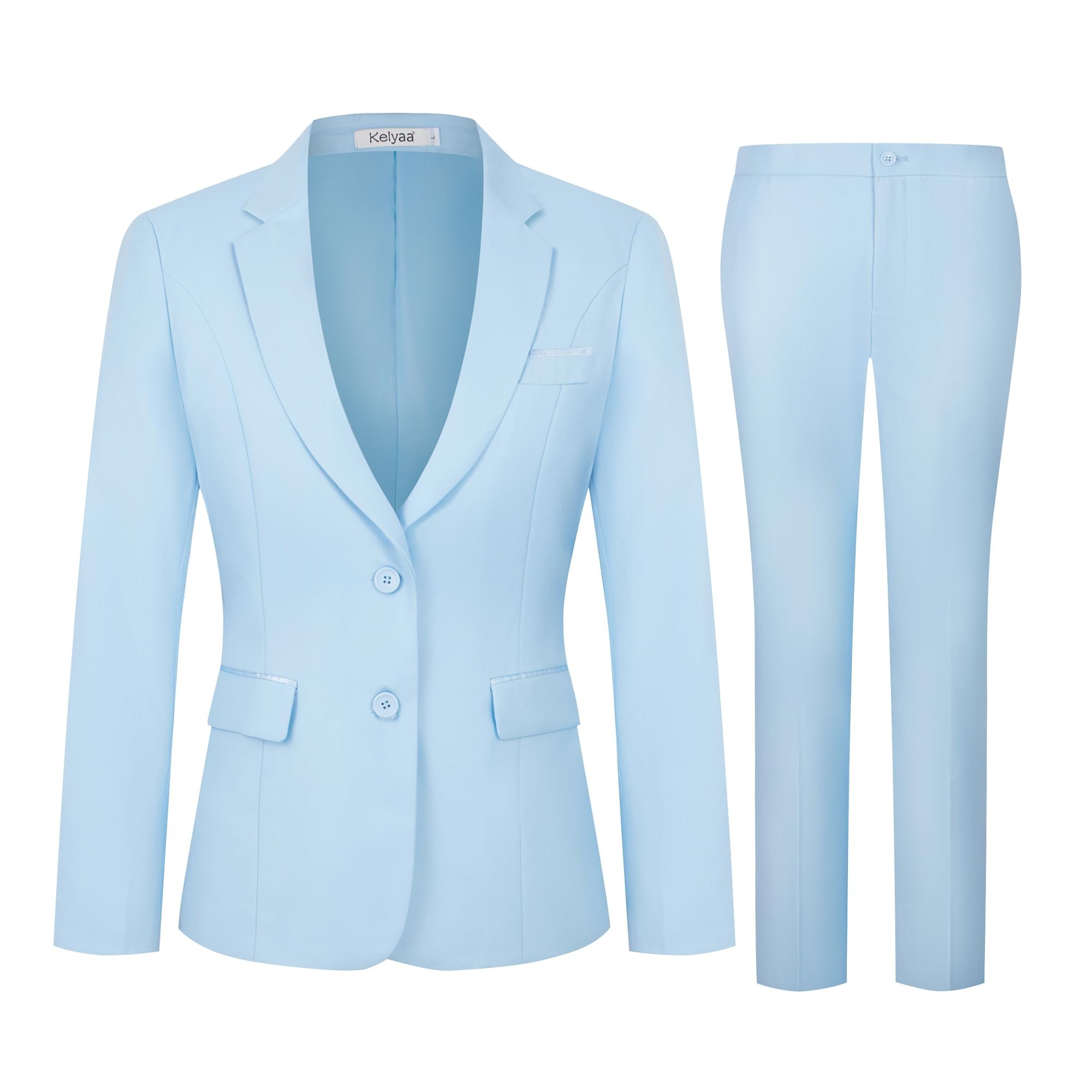 Hands on hips showing the flap pockets — Kelyaa Womens 2 Piece Suit Sets,2 Button Blazer & Pants Work Outfits