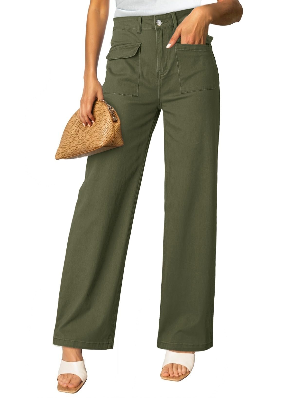Flap pockets sitting square on olive cargo — Dokotoo Women's Cargo Baggy Wide Leg High Waist Casual Stretch Pants